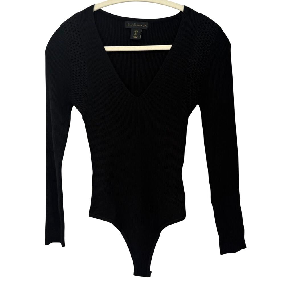 House of Harlow 1960 Womens S Black Ribbed Knit Bodysuit V-Neck Long Sleeve